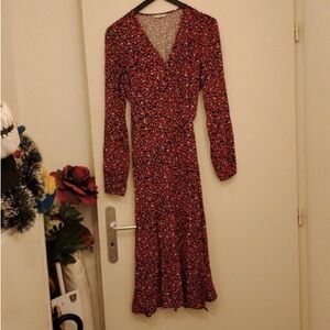 Red Ruffled Wrap Sundress with Bishop Sleeves